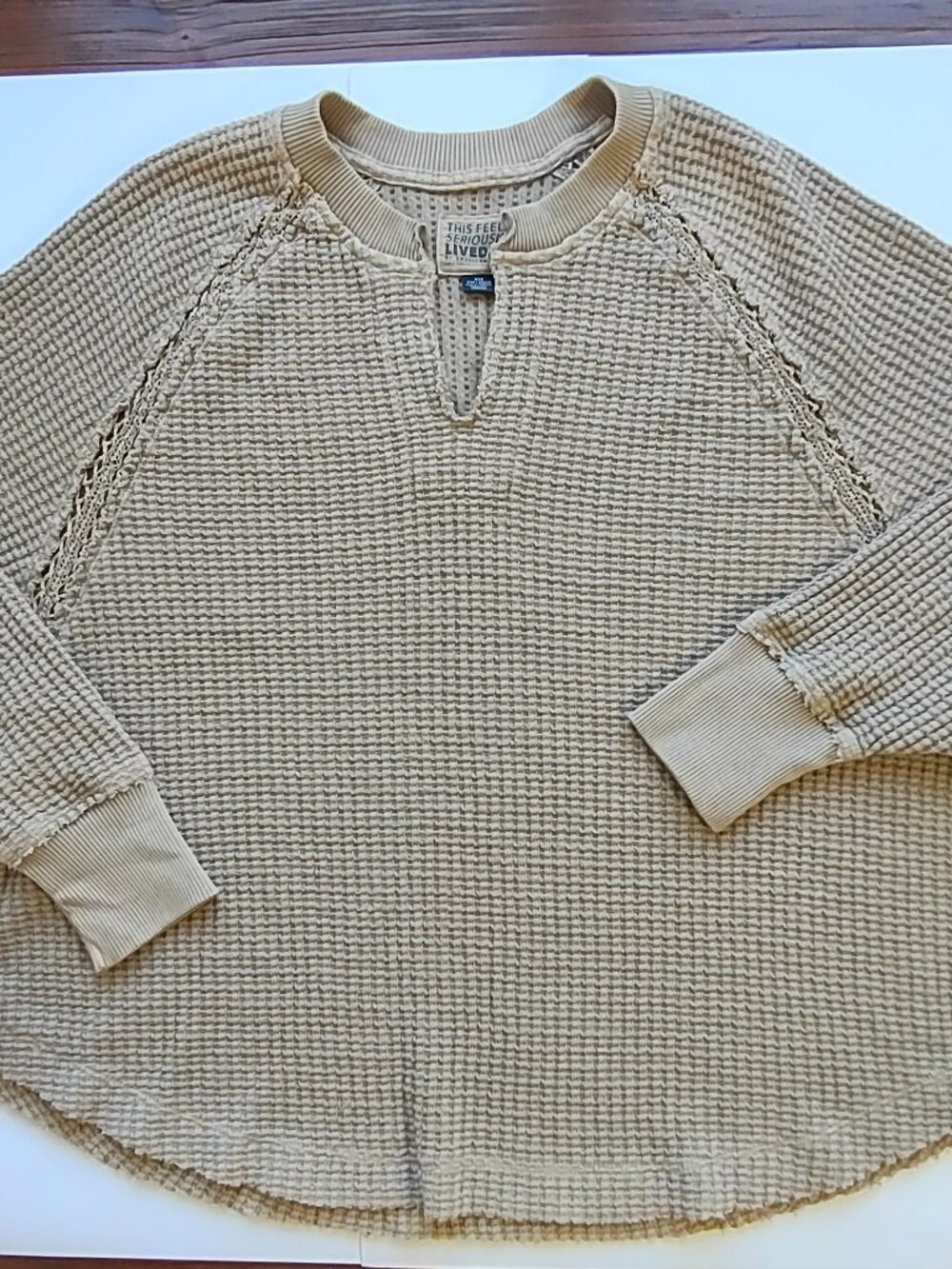 American Eagle Seriously Lived In Waffle Knit Top XXSmall Crochet Lace Coastal - Picture 5 of 8